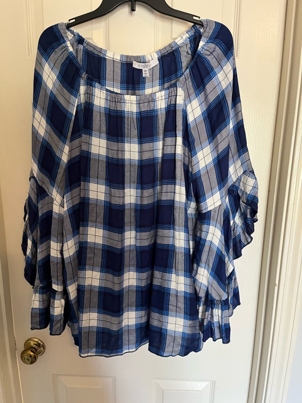 Blue Plaid ruffle open long sleeve  Blouse